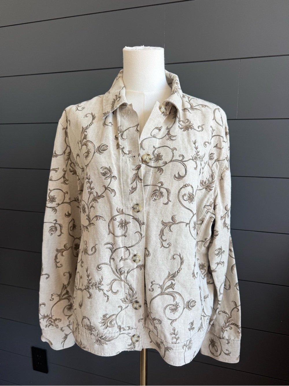 Talbots Irish Linen Blend Beige Print Button-Up Jacket